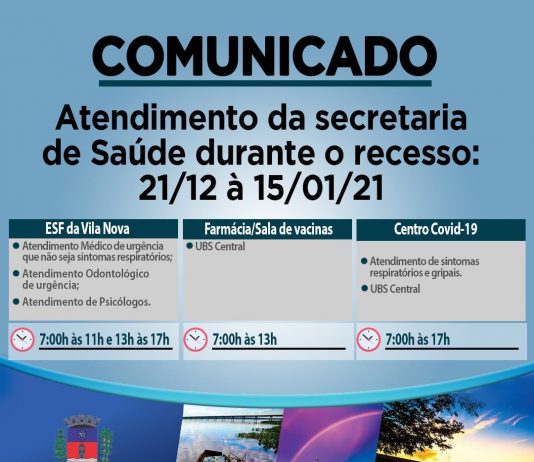 Fique atento para o atendimento da Saúde entre os dias 21 de dezembro e 15 de janeiro. Confira: