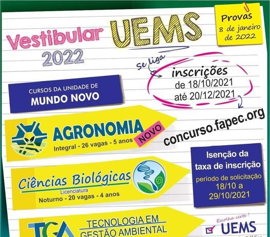 Governo de Mundo Novo informa que estão abertas as inscrições para o vestibular UEMS 2022